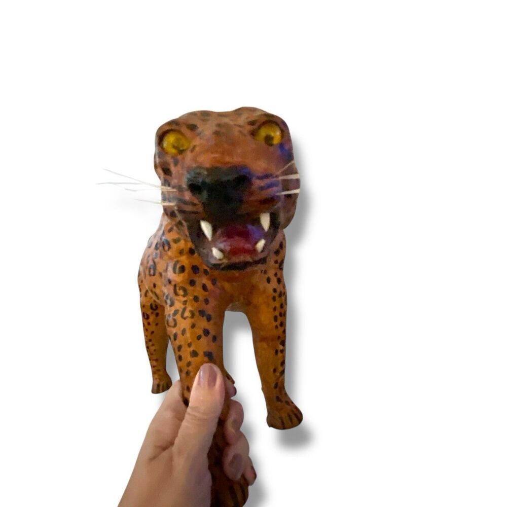 Vintage Leather Wrapped Leopard Cheetah Cat Glass Eyes 16”L x 10” Shelf Style - Picture 7 of 9